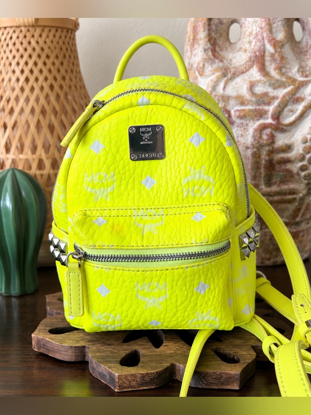 MCM X-Mini Stark Bebe Boo Neon Yellow Visetos Side Stud Backpack